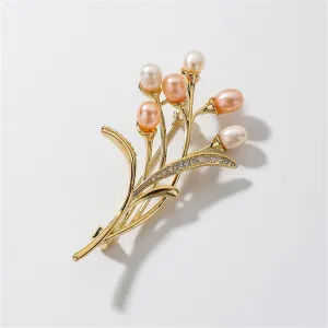 Pearl & Cubic Zirconia 18K Gold-Plated Wheat-Ear Brooch