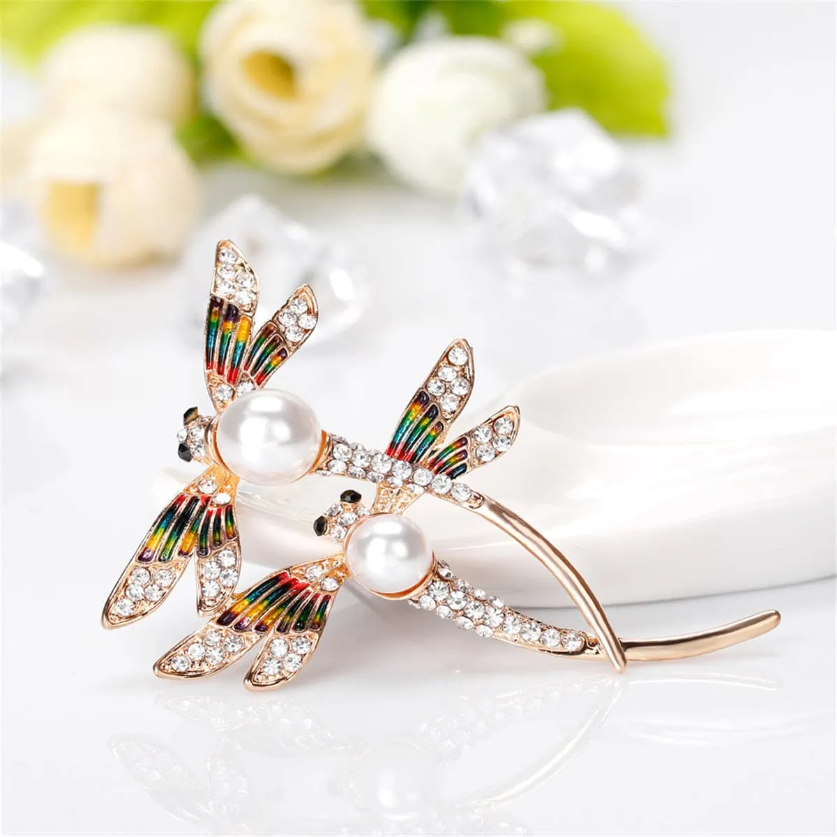 Pearl & Cubic Zirconia Enamel 18K Gold-Plated Double-Dragonfly Brooch