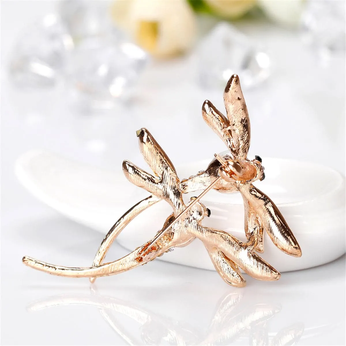 Pearl & Cubic Zirconia Enamel 18K Gold-Plated Double-Dragonfly Brooch