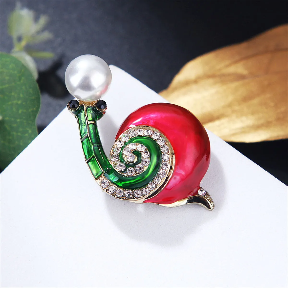 Pearl & Cubic Zirconia Enamel 18K Gold-Plated Snail Brooch