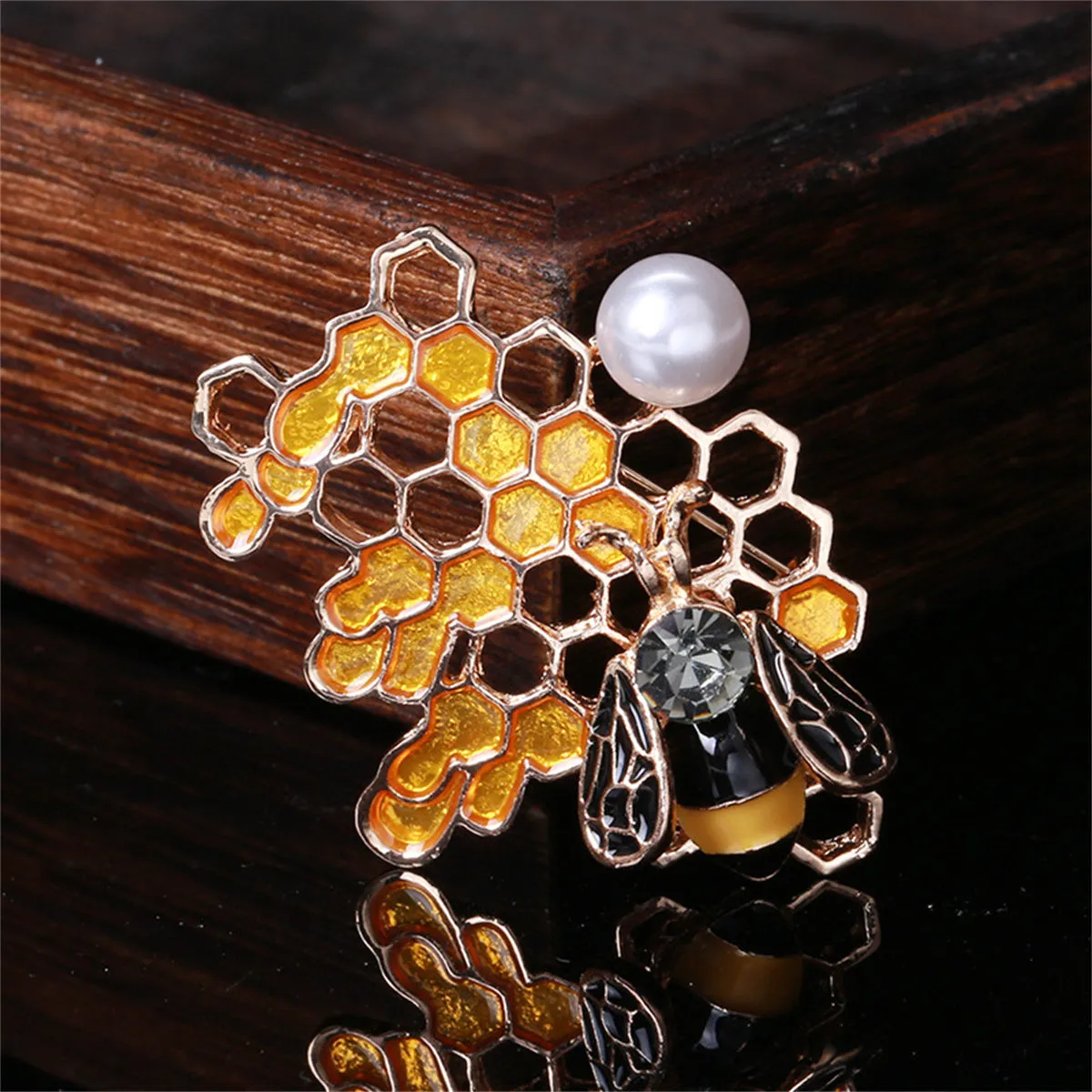 Pearl & Cubic Zirconia Enamel Openwork Honeycomb Bee Brooch
