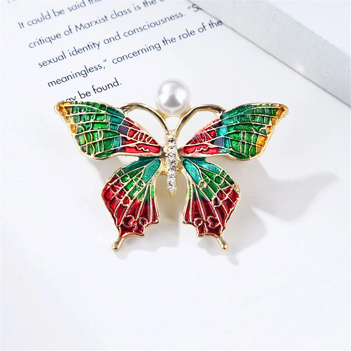 Pearl & Cubic Zirconia Multicolor Enamel 18K Gold-Plated Butterfly Brooch