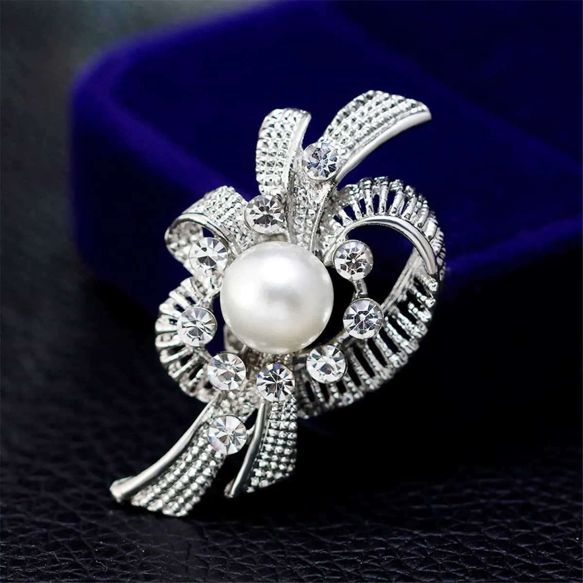 Pearl & Cubic Zirconia Silver-Plated Bow Filigree Brooch