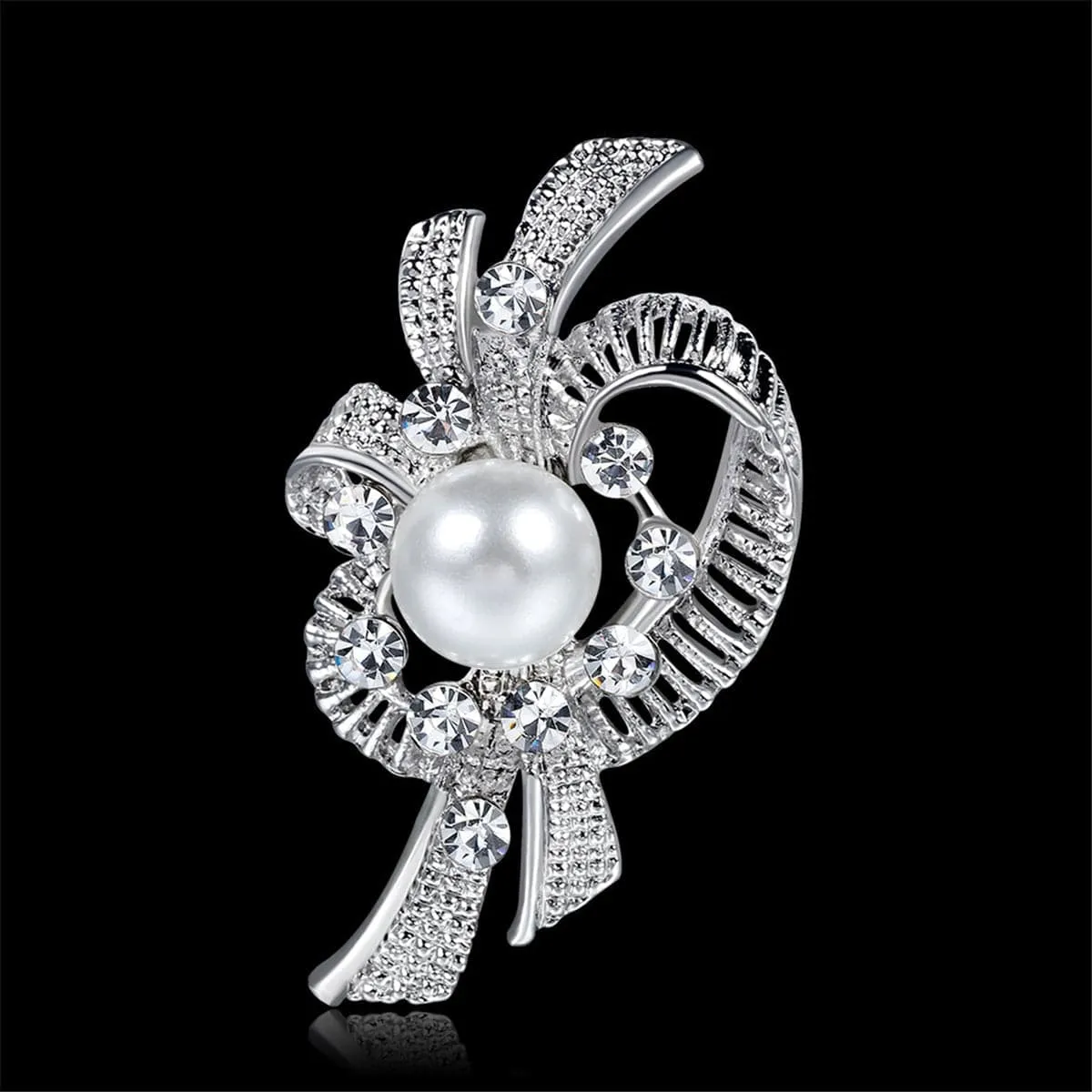 Pearl & Cubic Zirconia Silver-Plated Bow Filigree Brooch