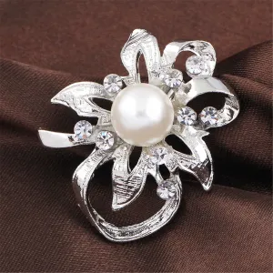 Pearl & Cubic Zirconia Silver-Plated Flower Filigree Brooch