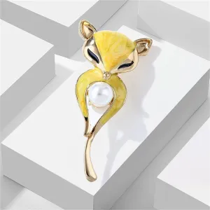 Pearl & Enamel 18K Gold-Plated Fox Brooch
