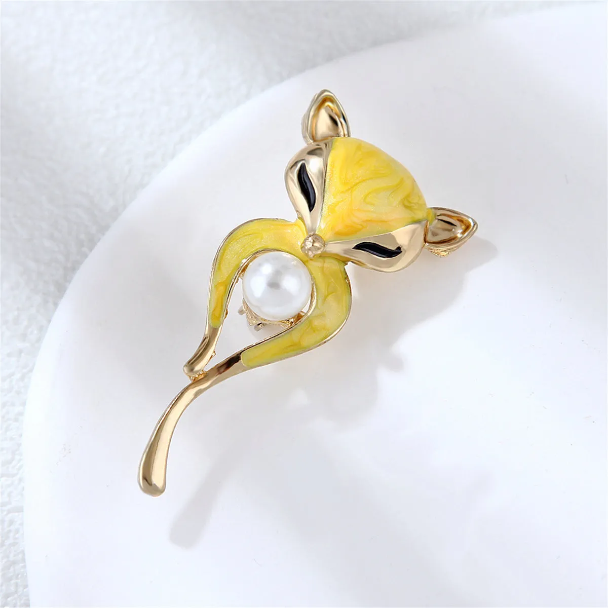 Pearl & Enamel 18K Gold-Plated Fox Brooch