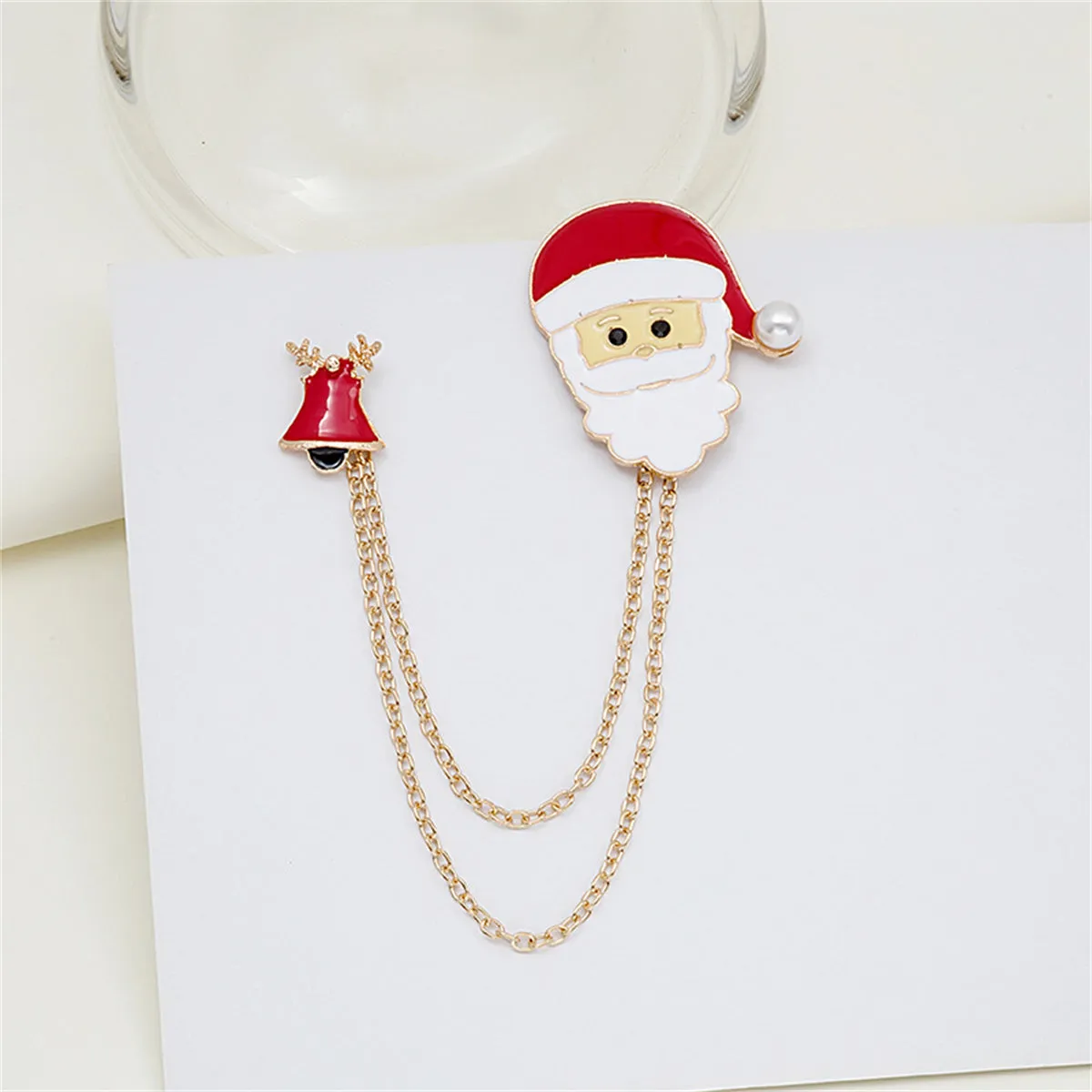 Pearl & Enamel 18K Gold-Plated Santa Bell Chain Brooch