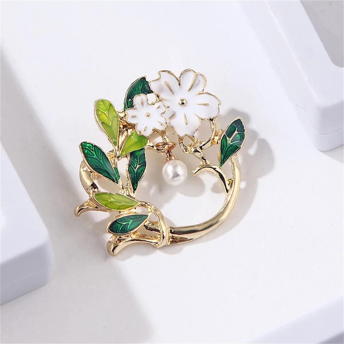 Pearl & Green Enamel 18K Gold-Plated Gardenia Drop Brooch