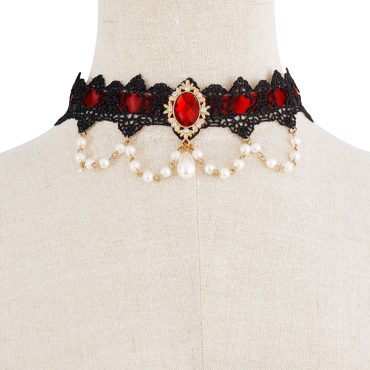 Pearl & Red Crystal Black Choker