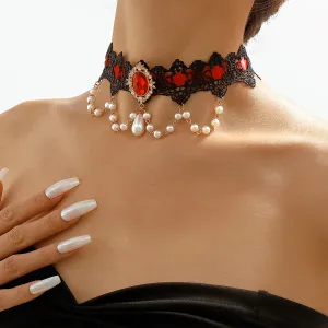 Pearl & Red Crystal Black Choker