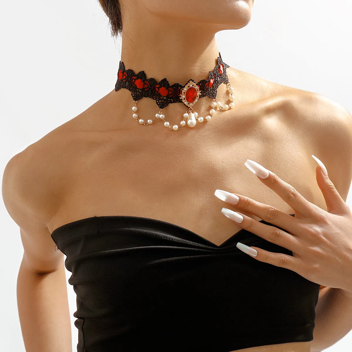 Pearl & Red Crystal Black Choker