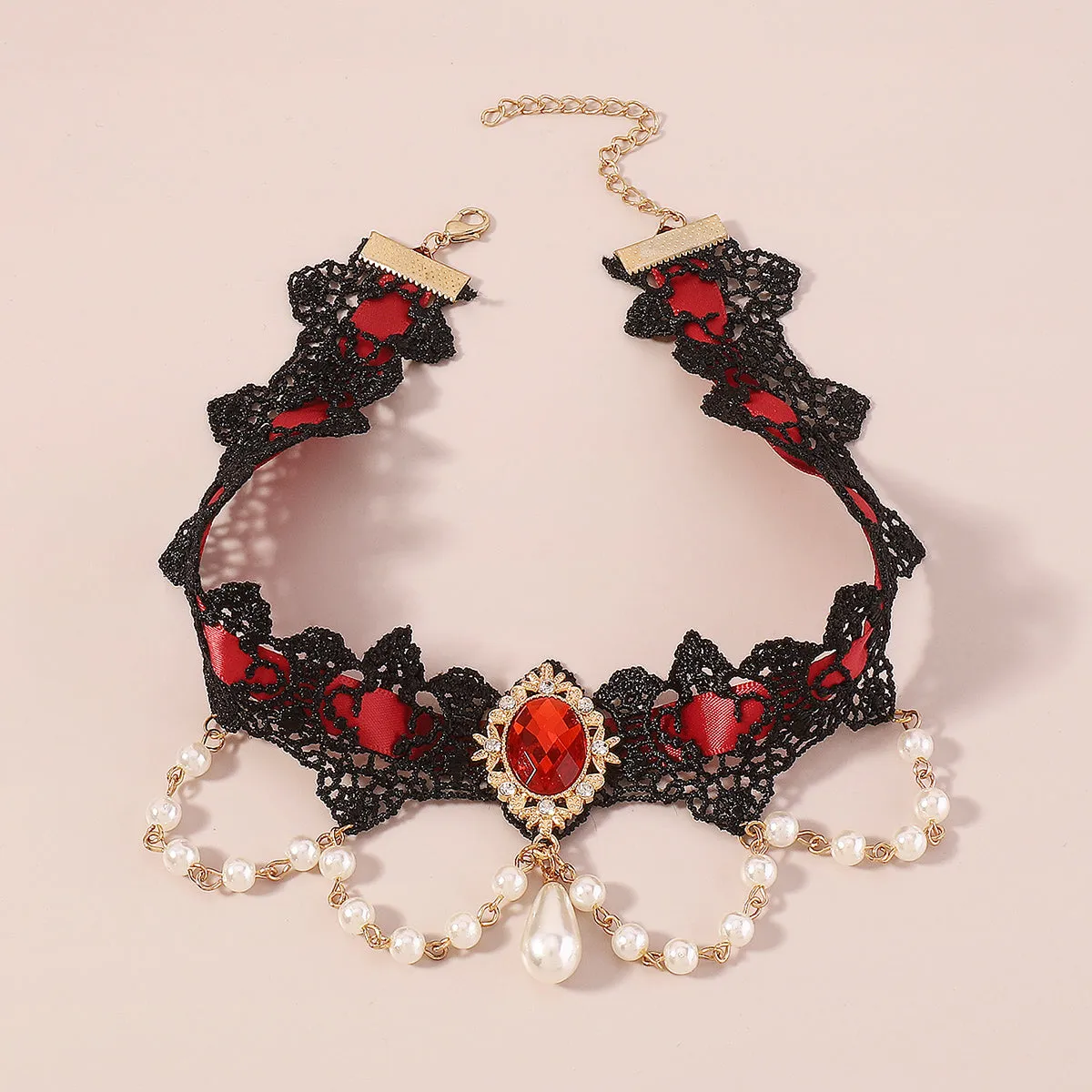 Pearl & Red Crystal Black Choker