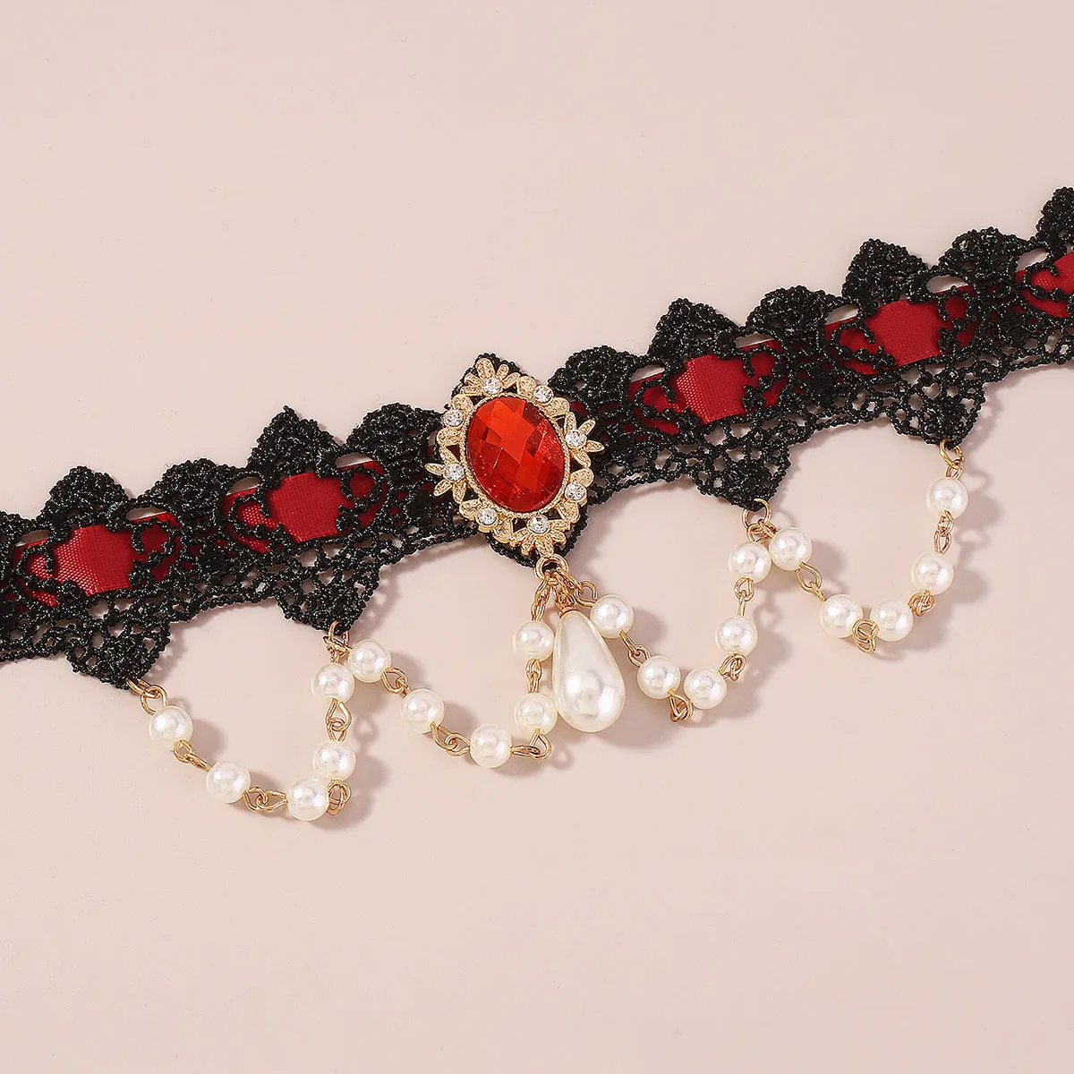 Pearl & Red Crystal Black Choker