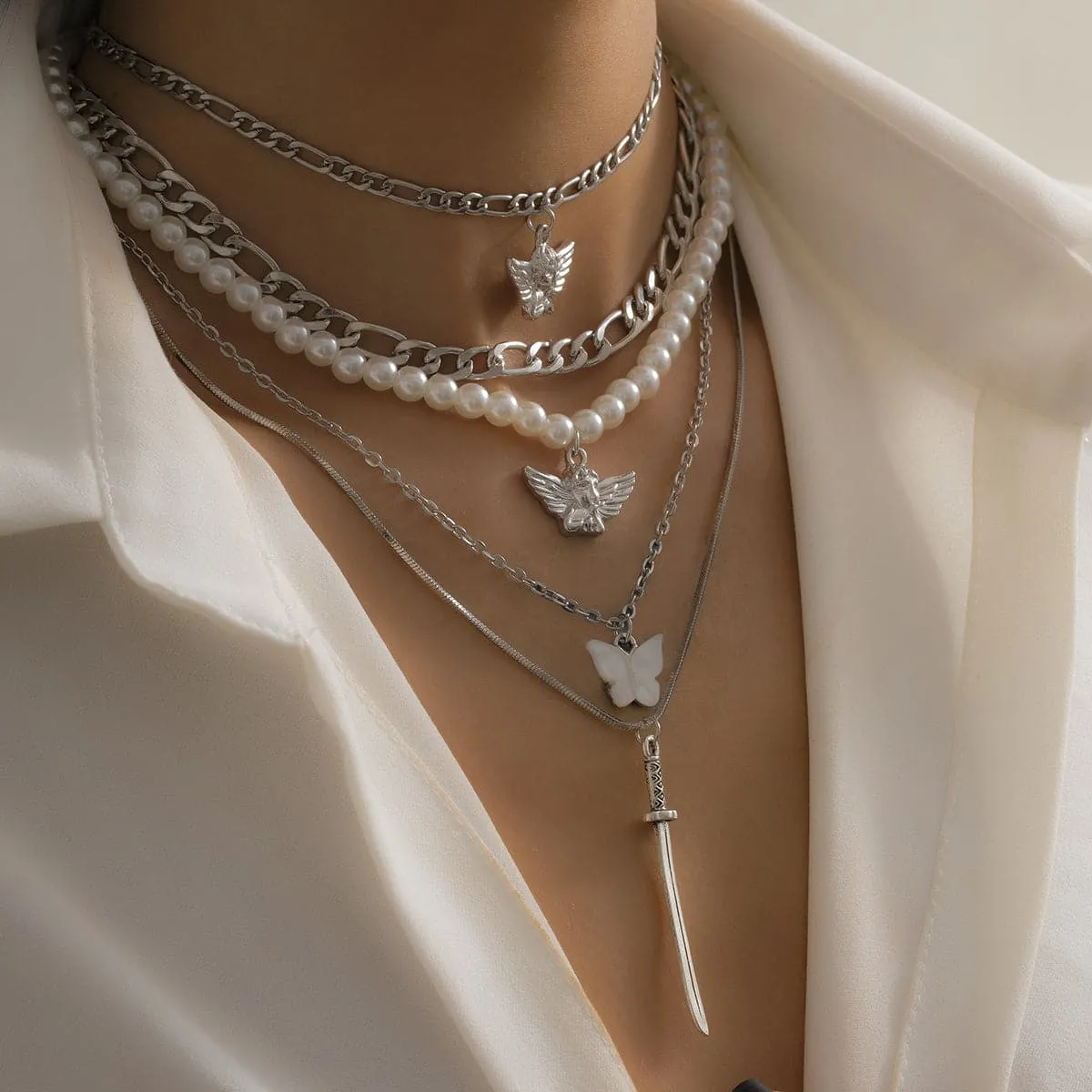 Pearl & Shell Angel Butterfly Pendant Necklace Set
