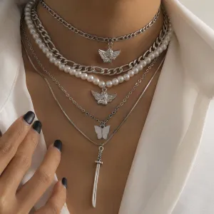 Pearl & Shell Angel Butterfly Pendant Necklace Set