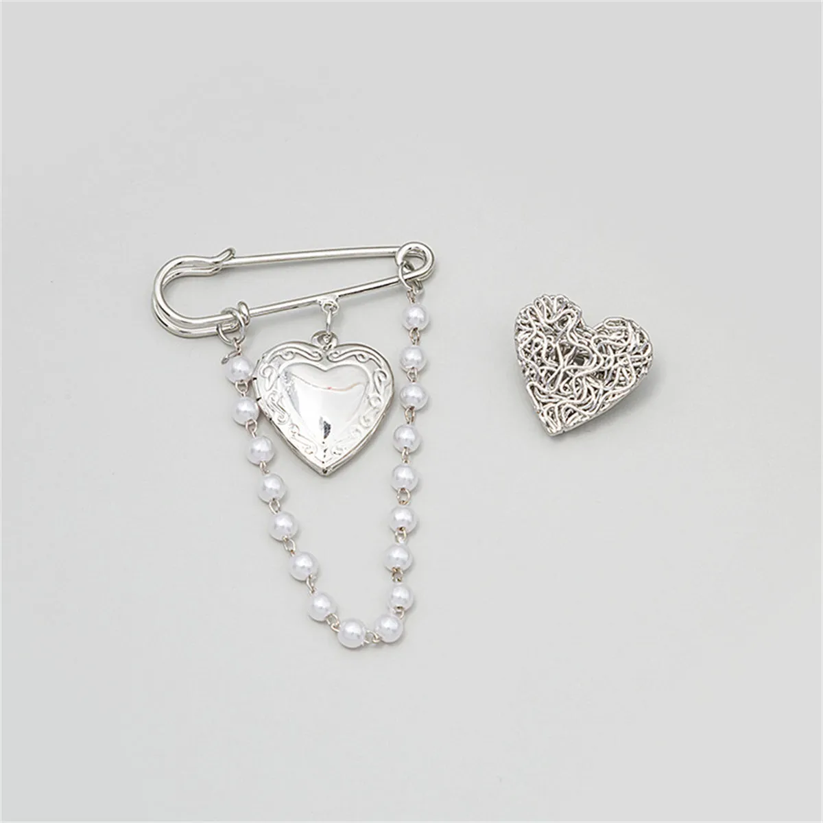 Pearl & Silver-Plated Chain Heart Brooch - Set Of Two