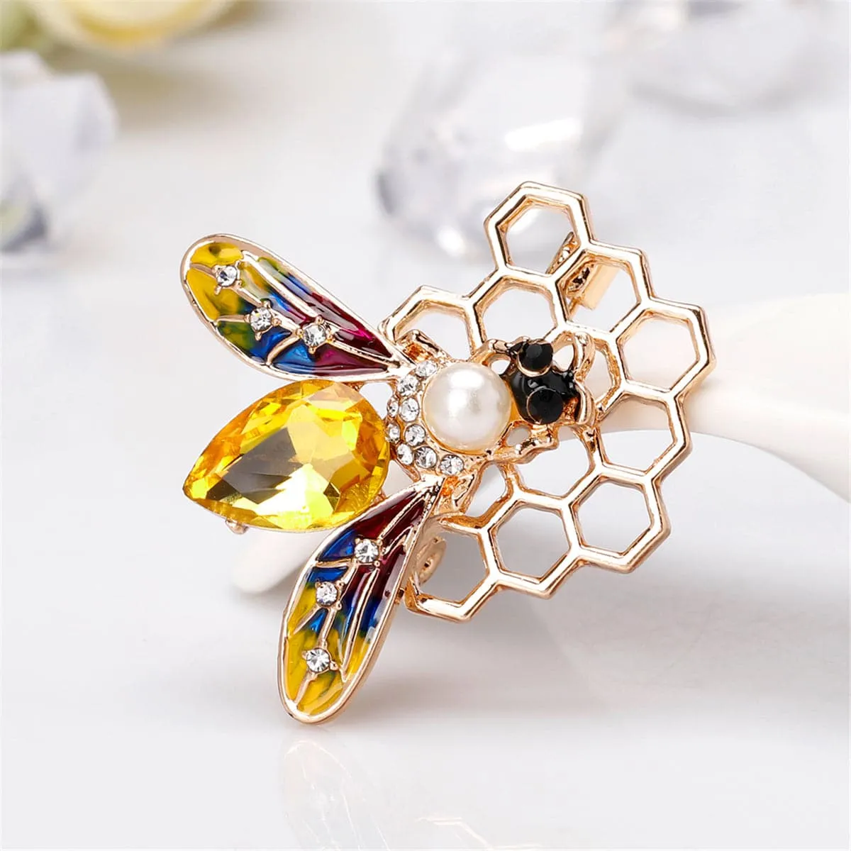 Pearl & Yellow Crystal 18k Gold-Plated Bee Honeycomb Brooch