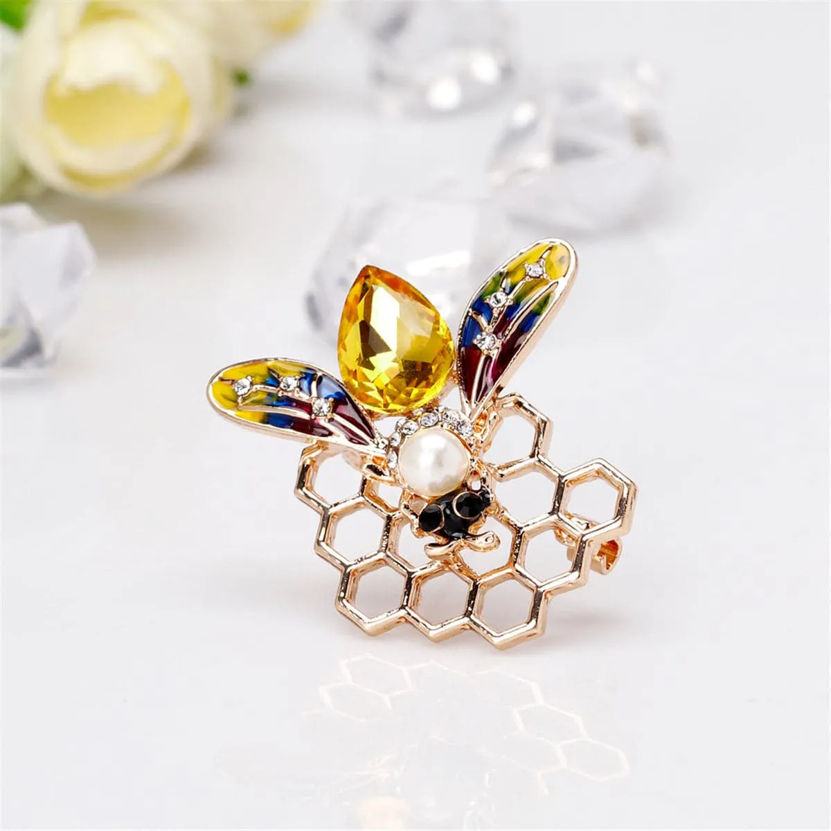 Pearl & Yellow Crystal 18k Gold-Plated Bee Honeycomb Brooch