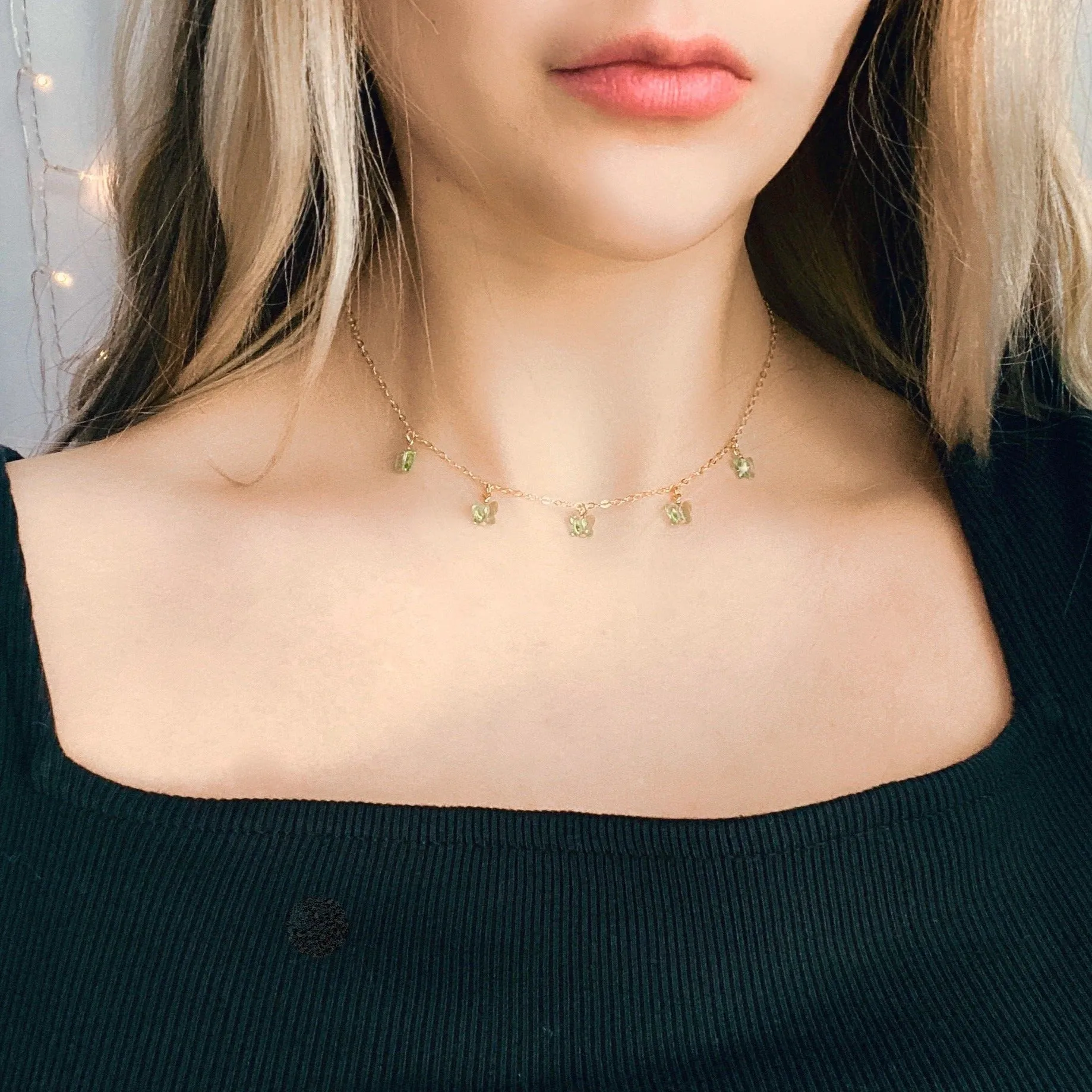 Peridot Green Butterfly Choker 14K Gold Necklace