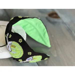 Pina Colada Seed Beaded Hand Sewn Top Knot Black Headband.