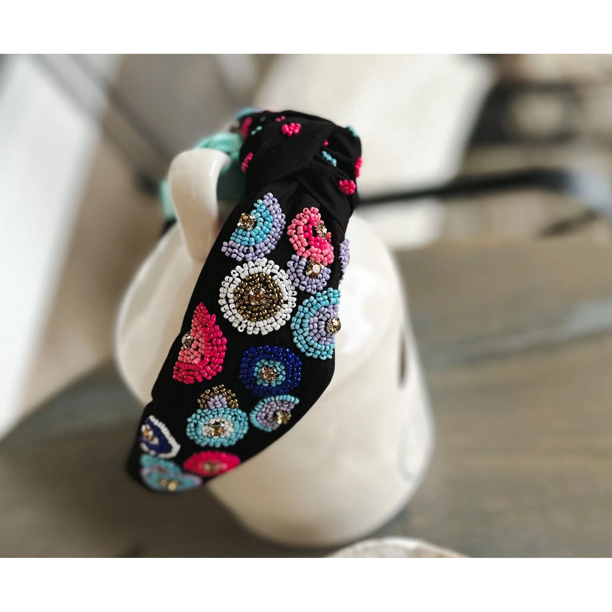 Pink and Blue Embroidered Seed Beaded Top Knot Headband with Rhinestones S