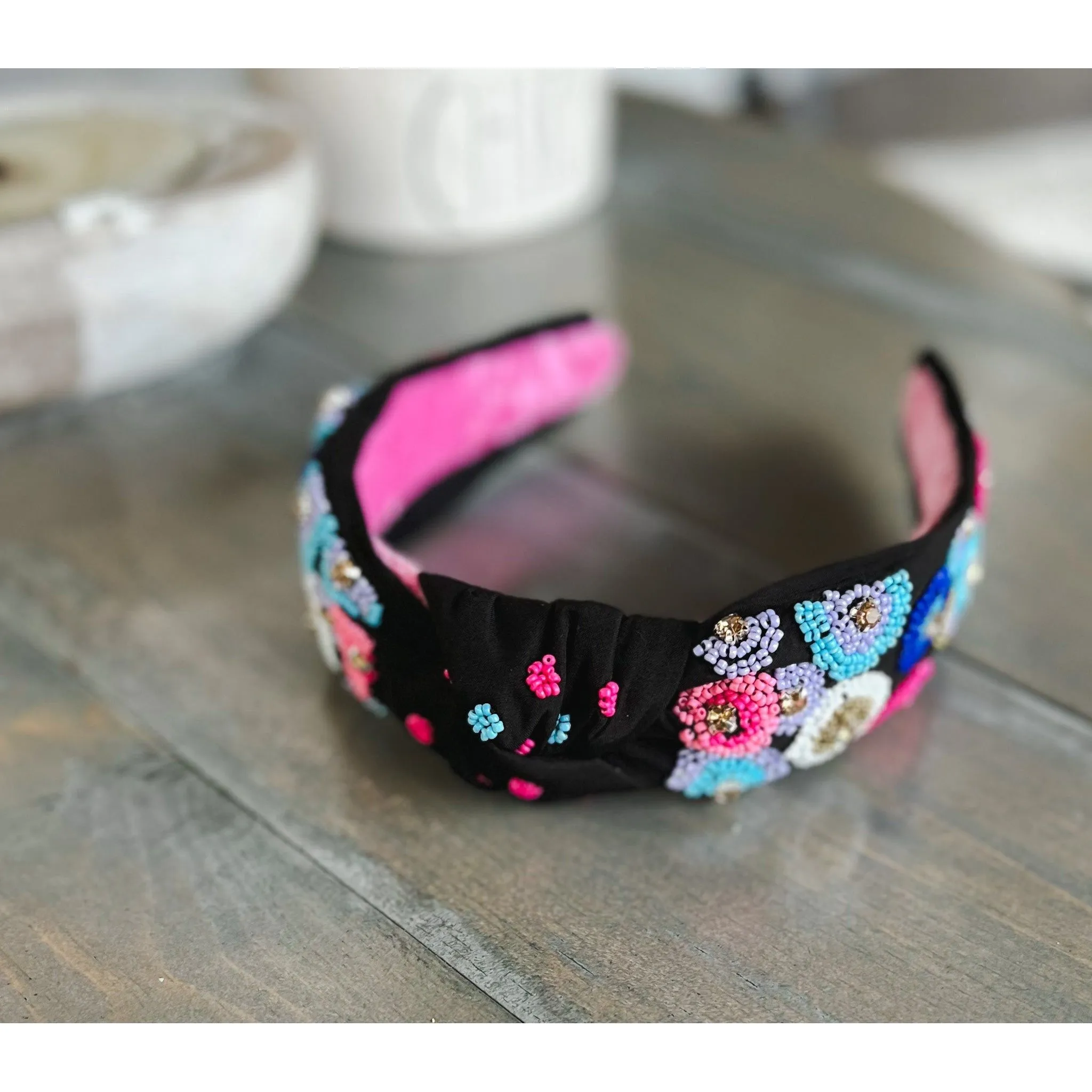 Pink and Blue Embroidered Seed Beaded Top Knot Headband with Rhinestones S