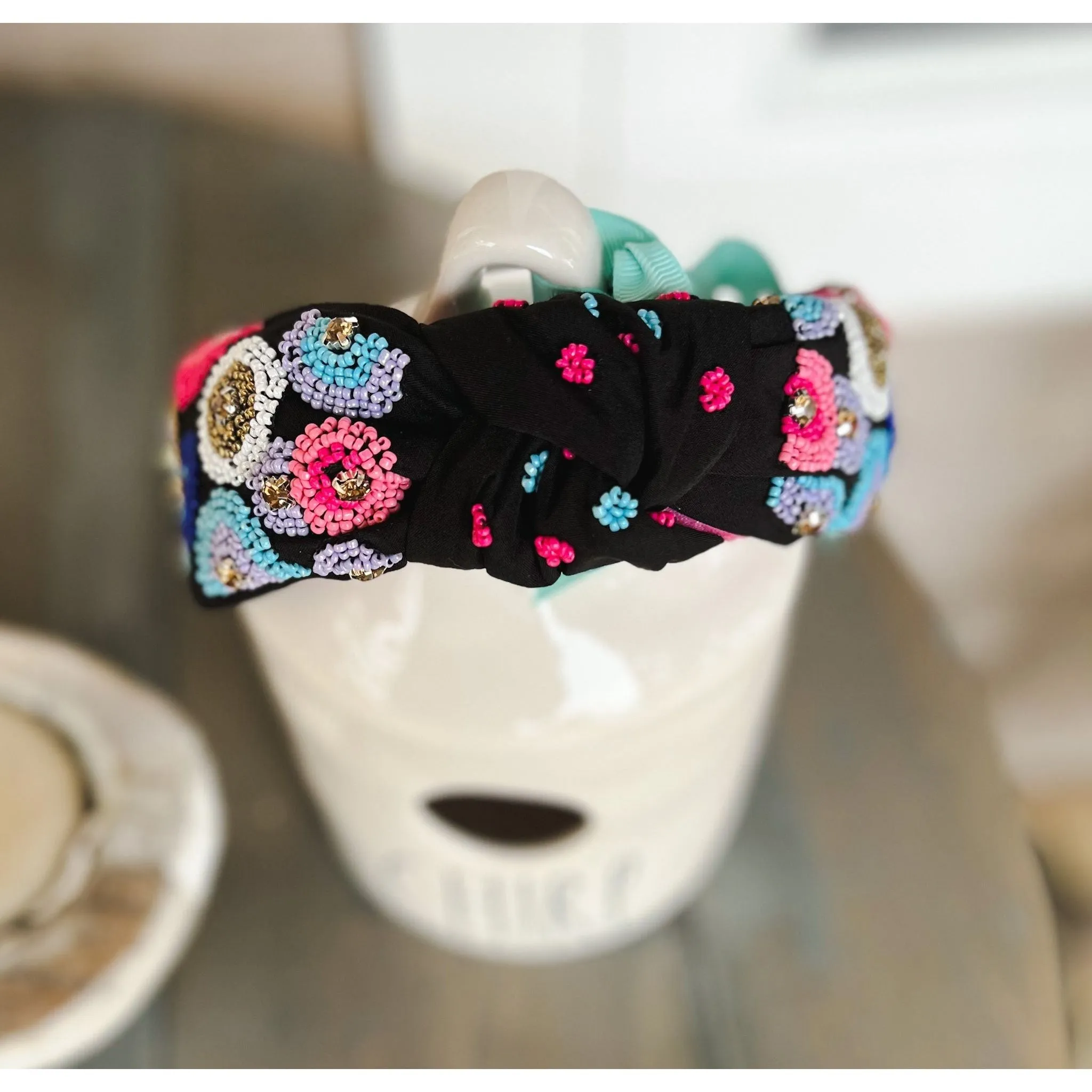Pink and Blue Embroidered Seed Beaded Top Knot Headband with Rhinestones S