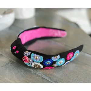 Pink and Blue Embroidered Seed Beaded Top Knot Headband with Rhinestones S