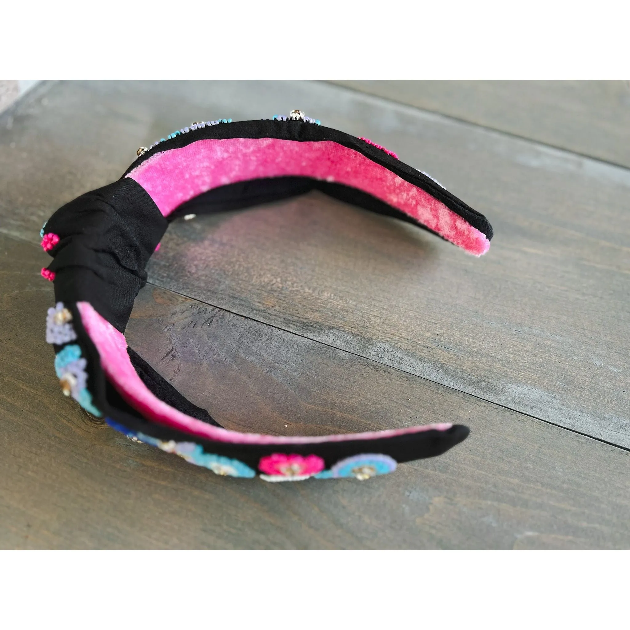 Pink and Blue Embroidered Seed Beaded Top Knot Headband with Rhinestones S