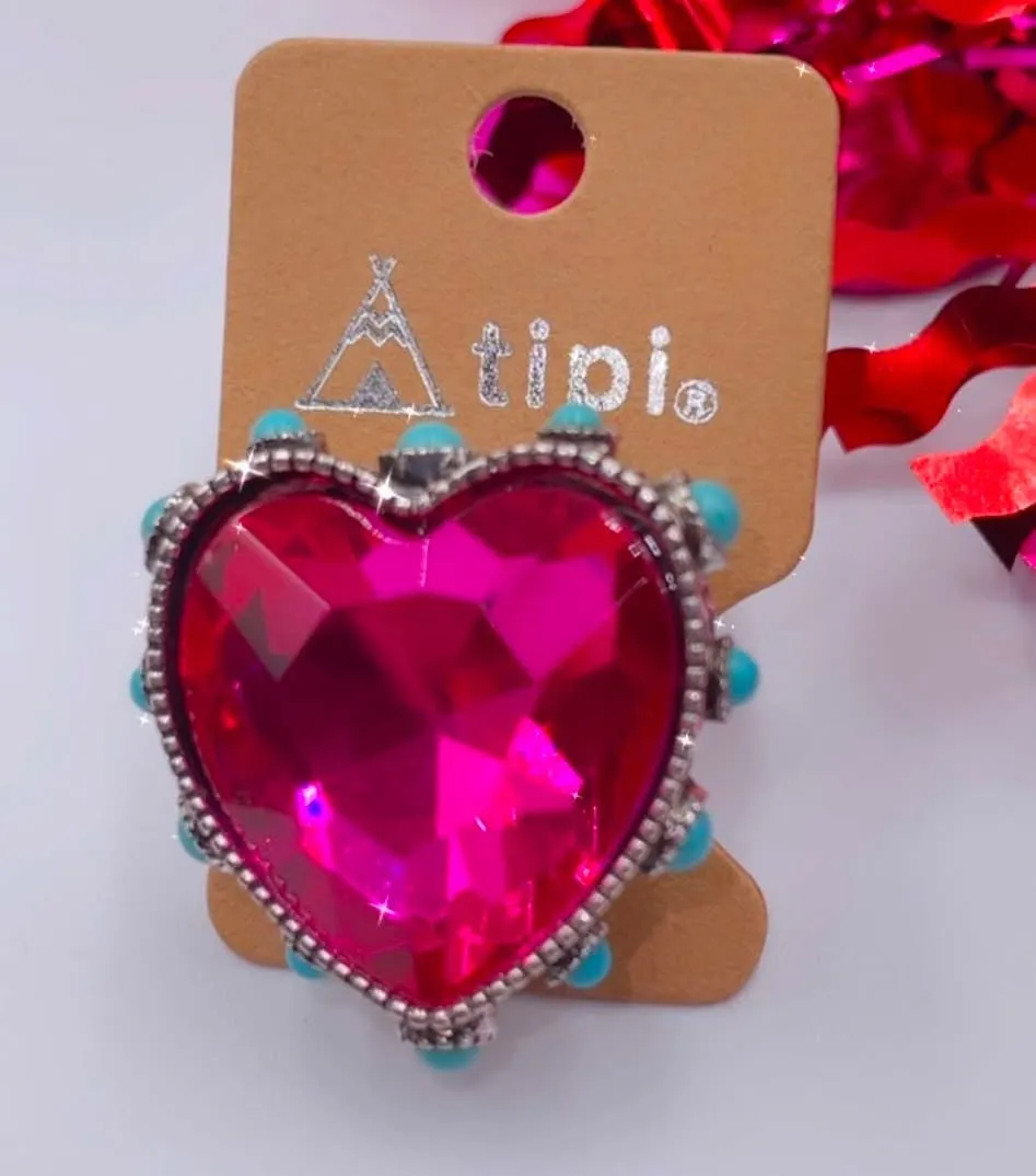 Pink Bling Heart stone ring with turquoise and silver setting