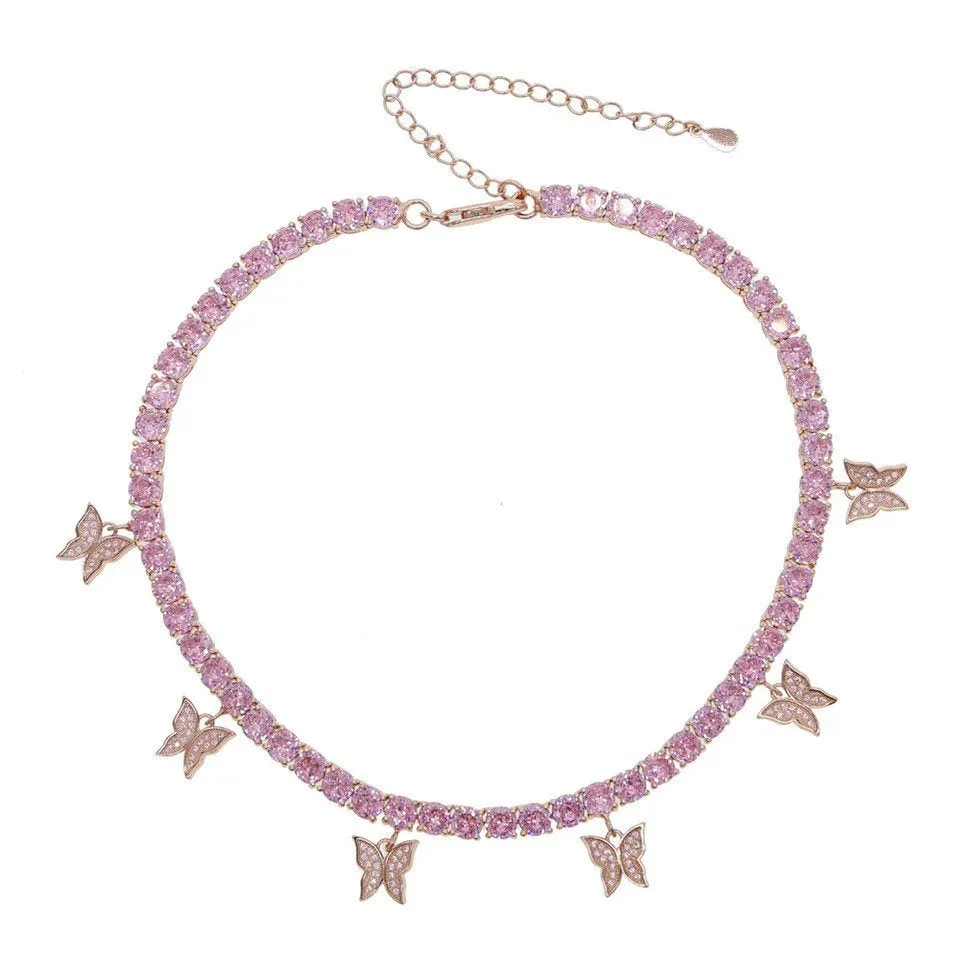 PINK butterfly tennis choker , cz tennis butterfly necklace , bling iced tennis butterfly, butterfly necklace