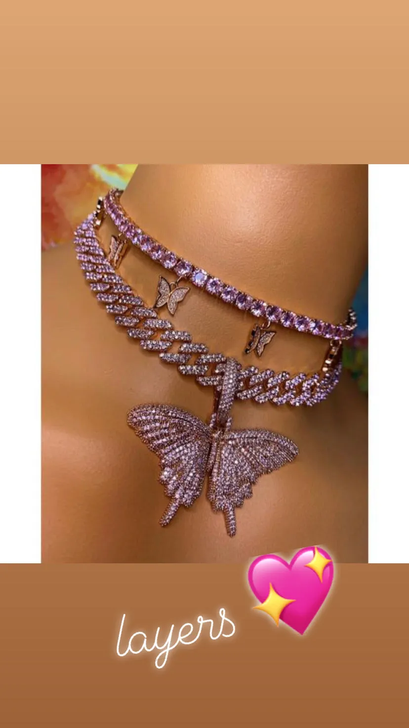 PINK butterfly tennis choker , cz tennis butterfly necklace , bling iced tennis butterfly, butterfly necklace