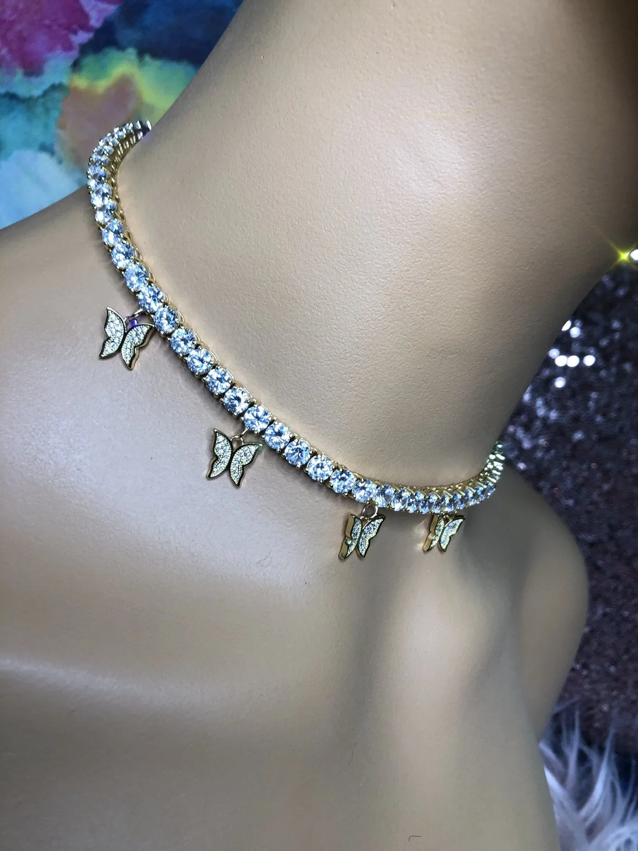 PINK butterfly tennis choker , cz tennis butterfly necklace , bling iced tennis butterfly, butterfly necklace