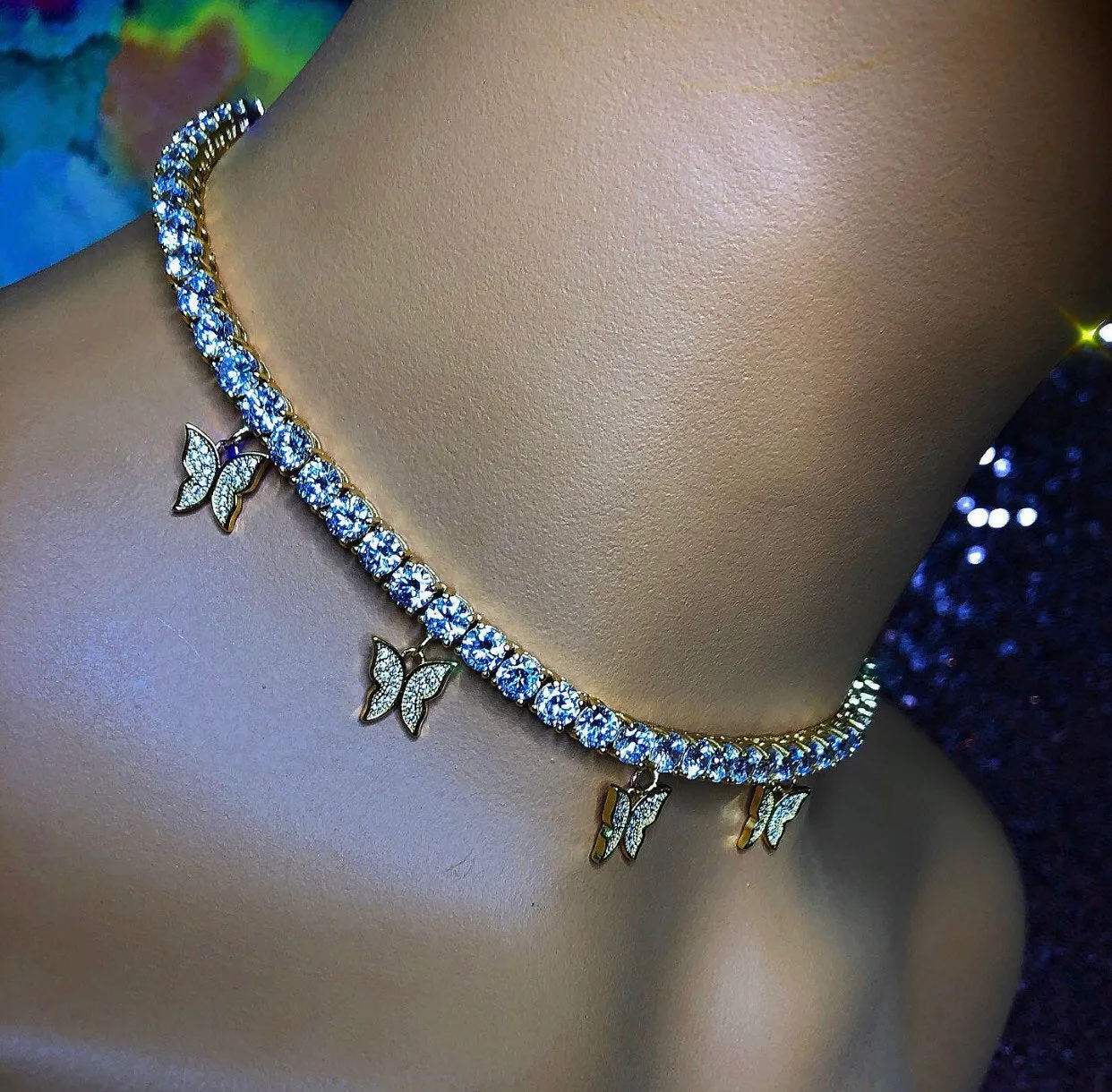 PINK butterfly tennis choker , cz tennis butterfly necklace , bling iced tennis butterfly, butterfly necklace