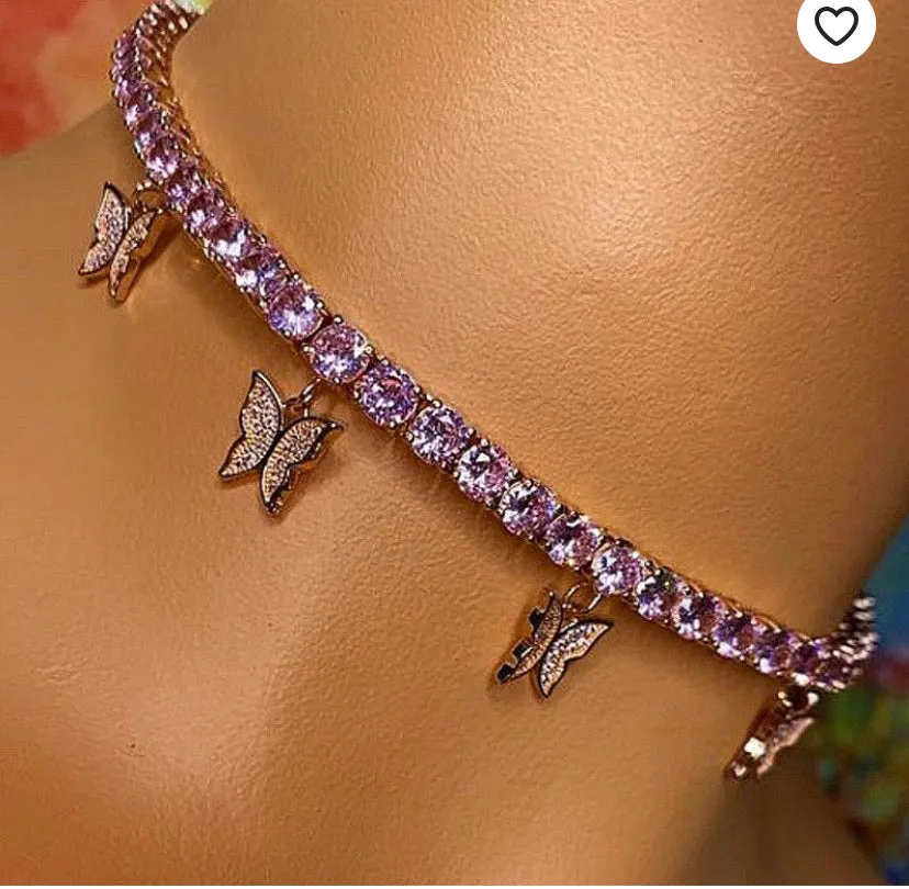 PINK butterfly tennis choker , cz tennis butterfly necklace , bling iced tennis butterfly, butterfly necklace