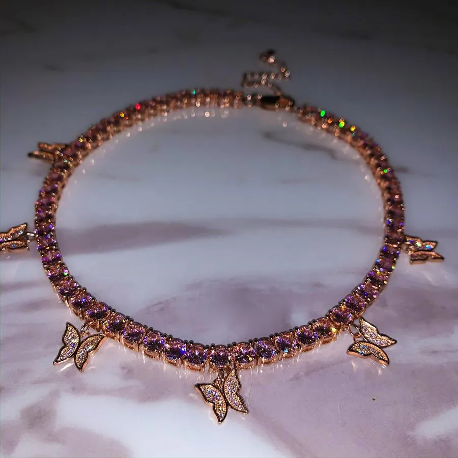 PINK butterfly tennis choker , cz tennis butterfly necklace , bling iced tennis butterfly, butterfly necklace