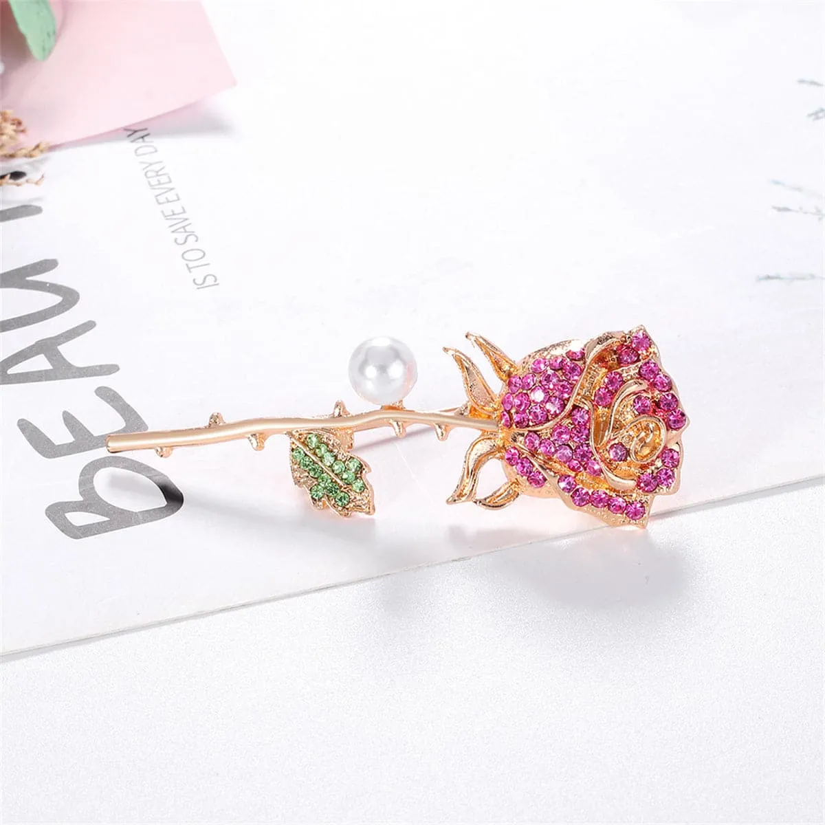 Pink Cubic Zirconia & Pearl Rose Brooch