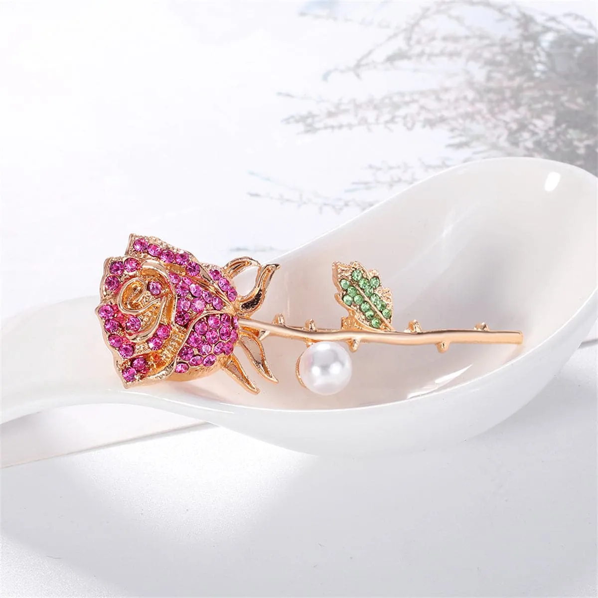 Pink Cubic Zirconia & Pearl Rose Brooch