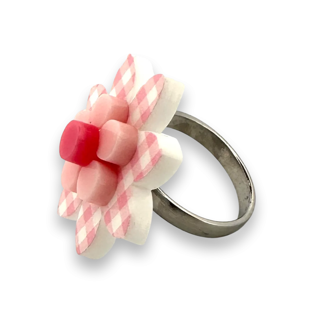 Pink gingham flower 🌸 - ring - Set of 2