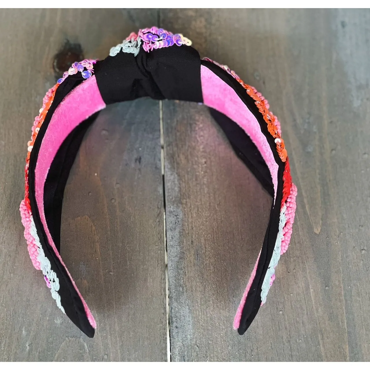 Pink Red Roses Embroidered Seed Beaded Top Knot Headband.