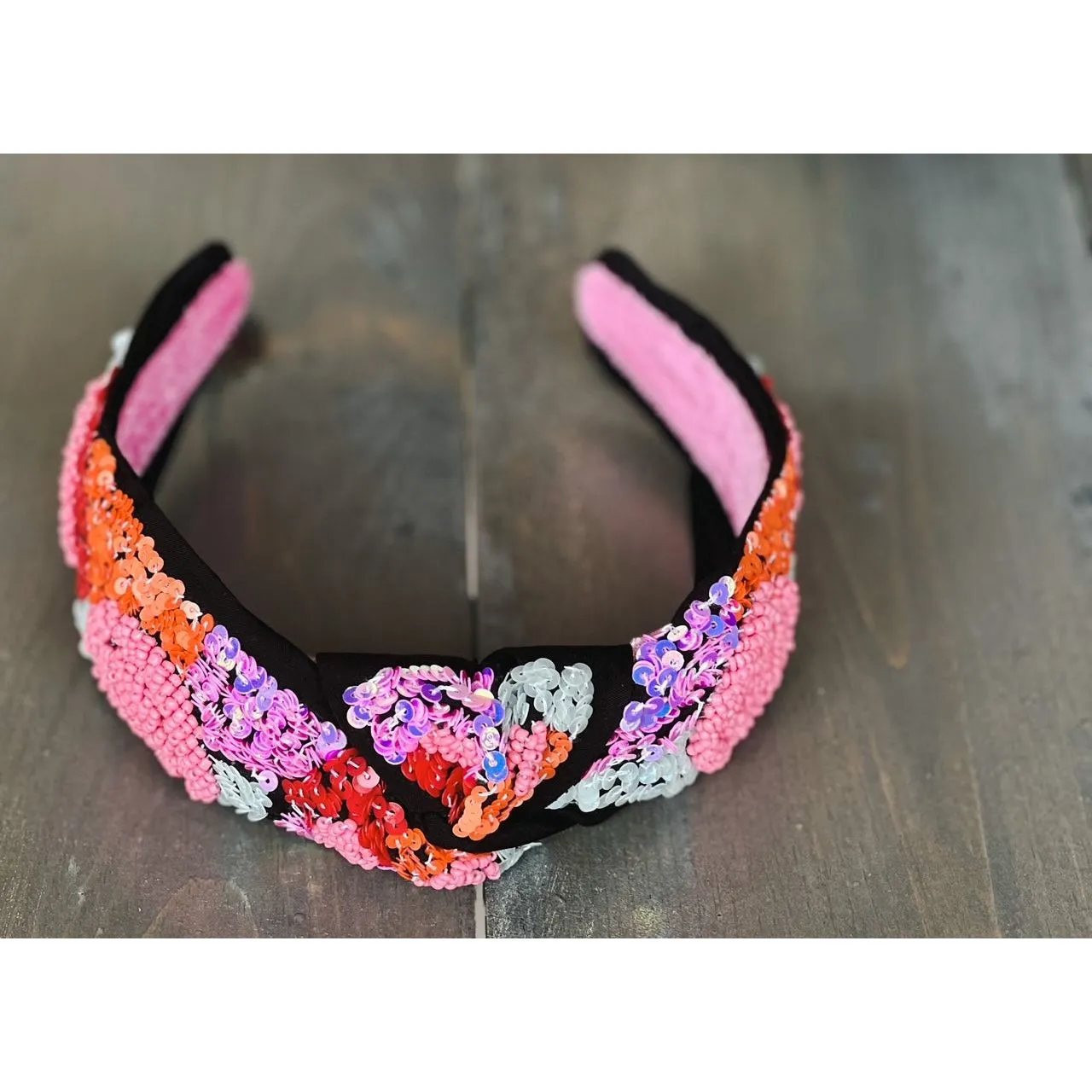 Pink Red Roses Embroidered Seed Beaded Top Knot Headband.