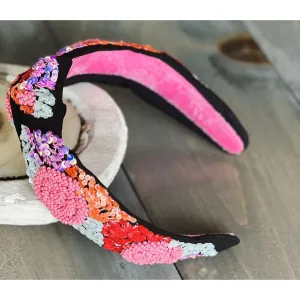 Pink Red Roses Embroidered Seed Beaded Top Knot Headband.