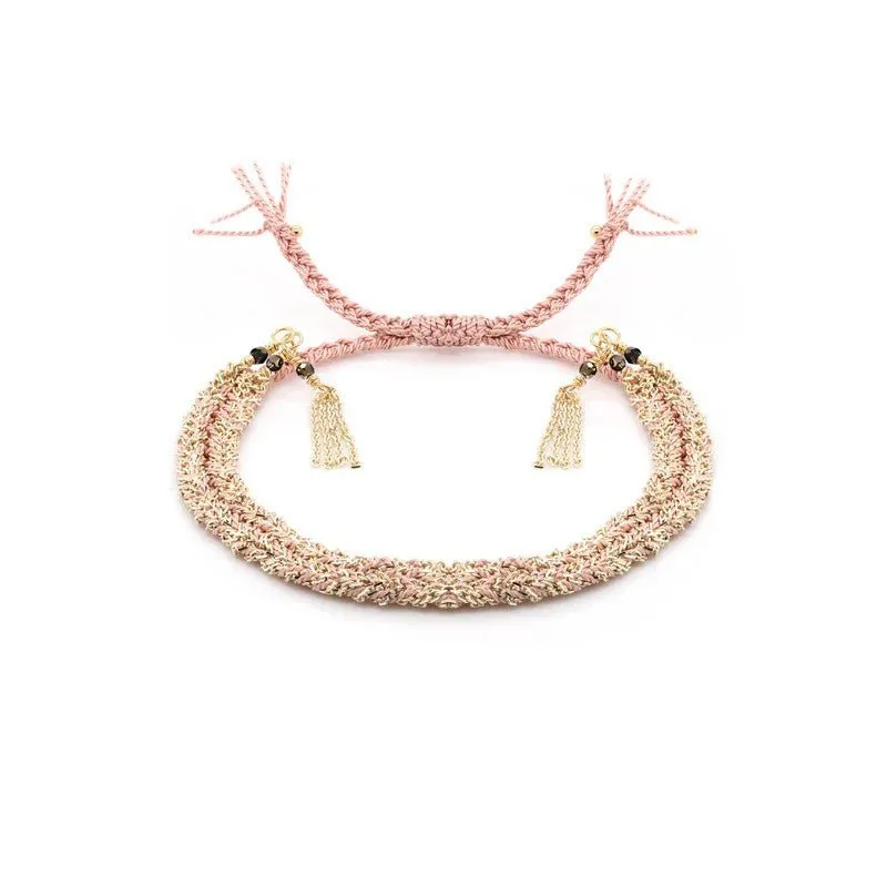 Pink Silk and Yellow Gold Vermeil Chain Woven Bracelet
