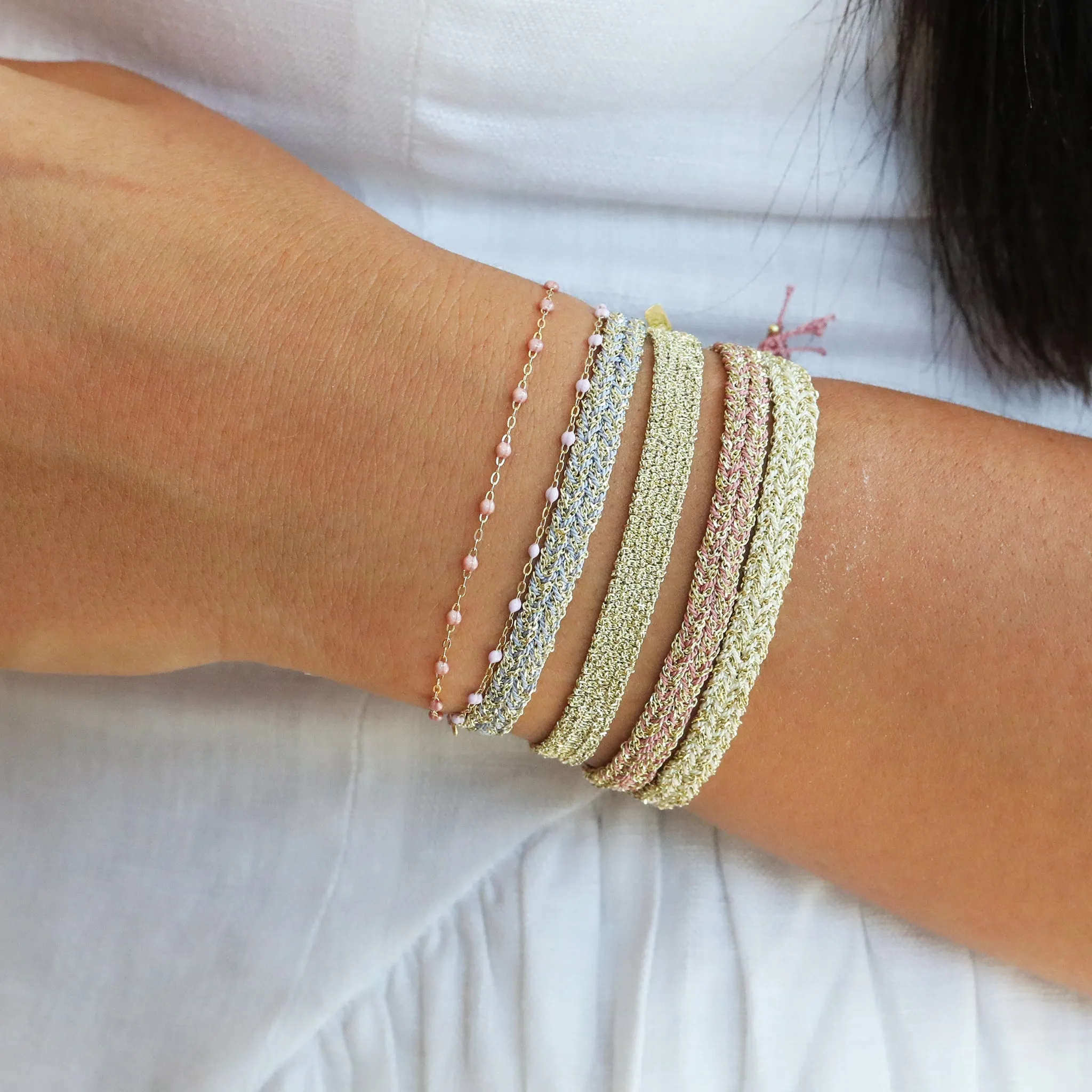 Pink Silk and Yellow Gold Vermeil Chain Woven Bracelet