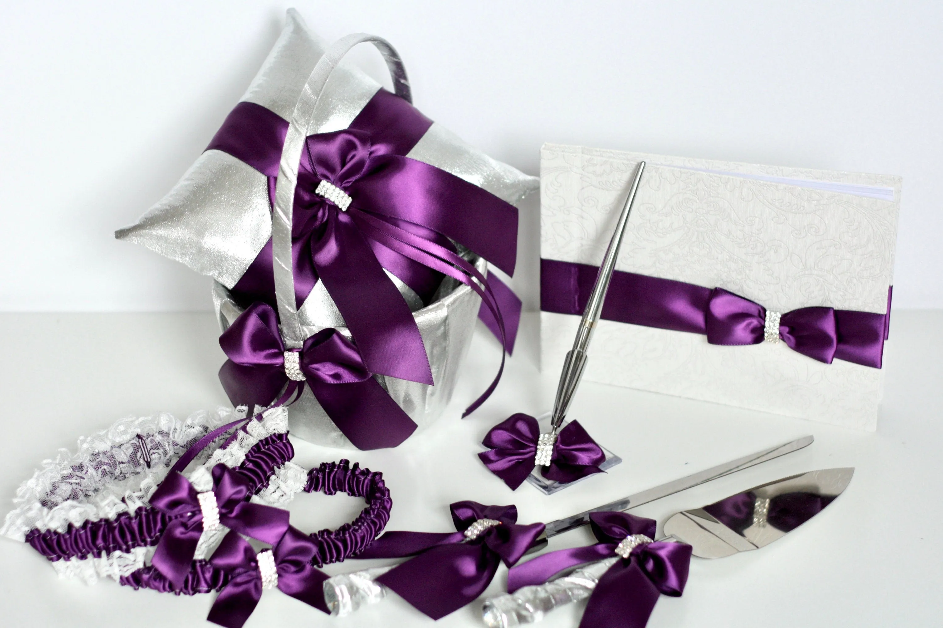 Plum Flower Girl Basket Ring Bearer Pillow, Silver Plum Wedding Basket, Plum Guest Book and Pen, Plum Cake Serving Set, Plum Bridal Garters