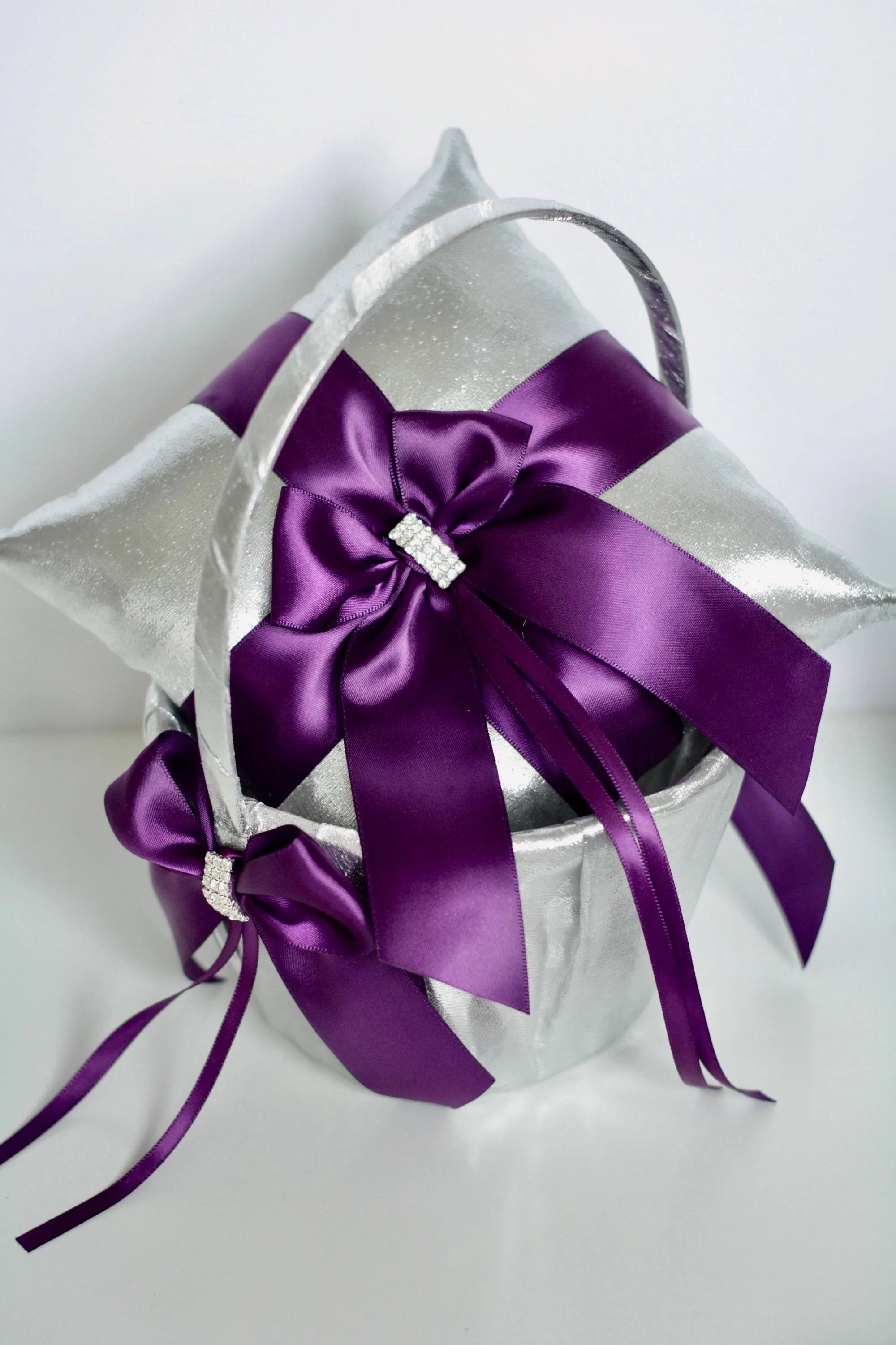 Plum Flower Girl Basket Ring Bearer Pillow, Silver Plum Wedding Basket, Plum Guest Book and Pen, Plum Cake Serving Set, Plum Bridal Garters