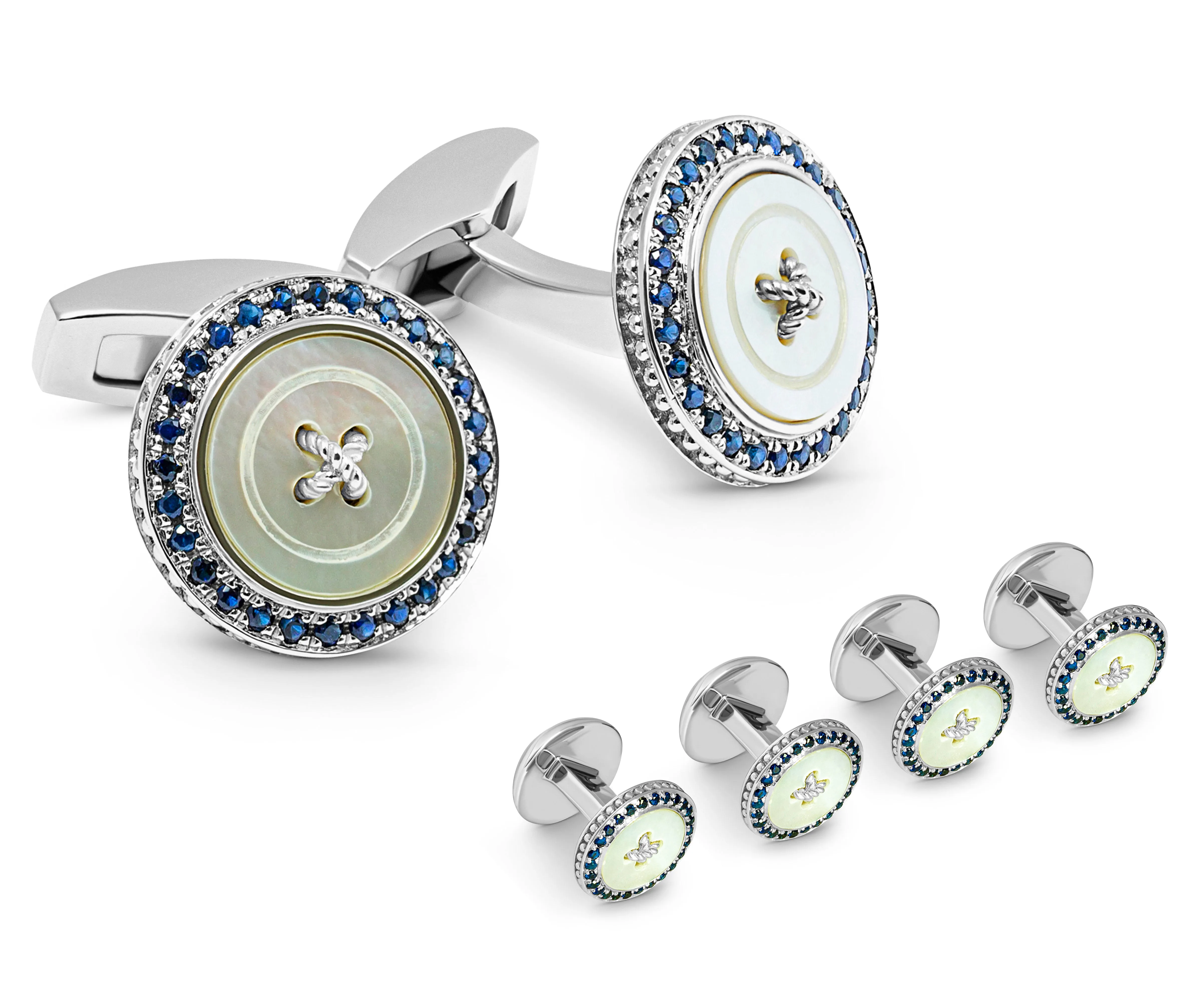 Precious Button cufflink stud set with white mother of pearl and sapphires