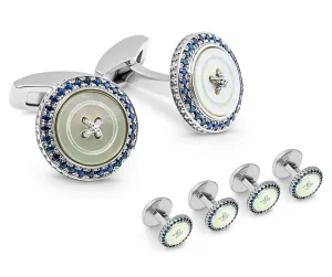 Precious Button cufflink stud set with white mother of pearl and sapphires