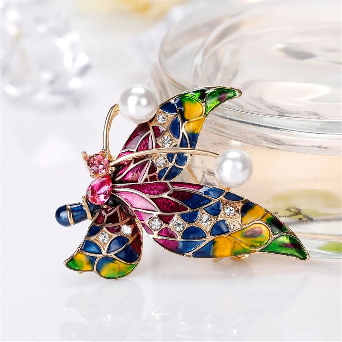 Purple & Green Cubic Zirconia & Pearl Butterfly Brooch